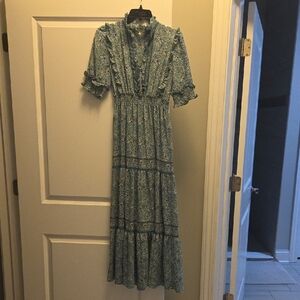 Max Studio Green Floral Ruffle Midi Dress